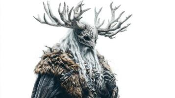 artwork represents Skadi the Scandinavian goddess linked to winter and hunt showcasing her in striking pose with antlers and intricate attire on a white background. photo