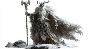 Skadi the Scandinavian goddess known for her fierce hunting skills stands majestically dressed in fur and armor gripping a massive axe symbol of her power. photo