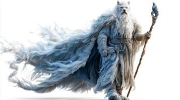 Portraying Skadi the Scandinavian goddess winter and hunting this striking figure embodies elegance with flowing white cloak and powerful presence enhancing the mythical aura. photo