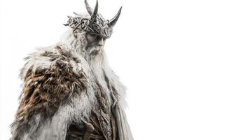 Skadi the Norse goddess associated with skiing and hunting is elegantly depicted with a majestic presence and striking features against a stark white backdrop. photo