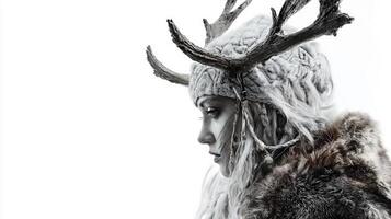 Scandinavian goddess Skadi is depicted with her iconic antlered headdress and fur attire embodying essence of winter and the hunt in a strikingly realistic manner. photo
