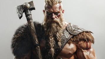 Tyr the Norse god associated with war and combat presents a formidable figure wielding his axe and exuding power with a striking presence against a plain backdrop. photo