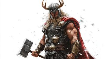 Thor the Scandinavian god of thunder displays immense strength and power wielding his iconic hammer while adorned in warrior armor on a light backdrop. photo