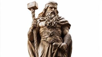 A striking representation of Thor the Scandinavian god of thunder showcasing his muscular physique and long hair wielding his iconic hammer Mjolnir in a powerful pose. photo