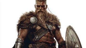 powerful figure of Tyr stands confidently adorned in traditional armor and a fur cloak embodying the essence of a Scandinavian god. His fierce expression conveys strength and valor. photo