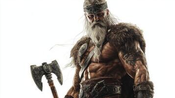 Scandinavian god Tyr is depicted in a stunning realistic manner showcasing his muscular physique intricate armor and a fierce battle axe radiating strength and valor. photo