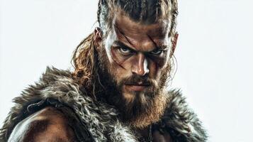 realistic representation features Tyr the Norse god associated with war and justice showcasing his intense gaze and rugged warrior appearance with a fur cloak. photo