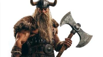 Tyr the god of war from Scandinavian mythology assertively holding his battle axe. The character exudes strength and valor showcasing his rich heritage. photo