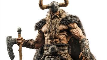 striking representation features Tyr the Norse god of war depicted with impressive muscularity adorned in traditional warrior attire ready for battle. photo