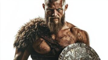 Tyr stands proudly embodying strength as the god of war holding a shield with a determined expression highlighting his warrior essence and Scandinavian heritage. photo