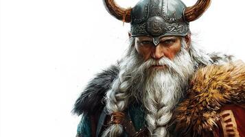 Tyr the Scandinavian god showcasing his resolute gaze and distinctive horned helmet surrounded by a minimalist white backdrop highlighting his divine strength. photo