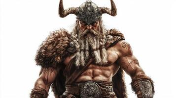 Tyr the Scandinavian god of war stands boldly with a muscular physique wearing a horned helmet and adorned in warrior attire conveying strength and valor. photo