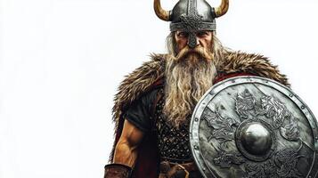 striking depiction showcases Tyr the Scandinavian god of war standing confidently in his warrior outfit complete with horned helmet and shield emphasizing his powerful presence. photo