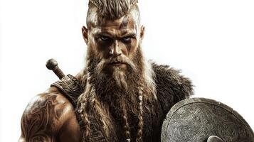 artwork features Tyr the heroic Scandinavian god embodying power and bravery. He stands proudly with his shield and sword representing the fierce spirit of Norse mythology. photo