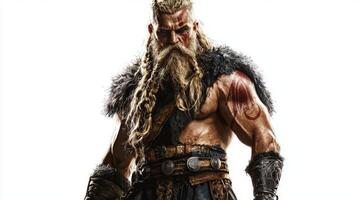 artwork features the Scandinavian god Tyr highlighting his powerful physique and striking appearance embodying the essence Norse mythology with intense gaze and elaborate costume details. photo