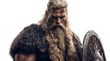 Tyr the Viking god of war in remarkable detail highlighting his impressive stature long hair and rugged features that symbolize valor and justice. photo