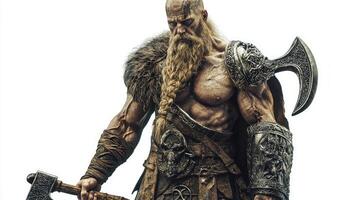 Tyr the Norse god of war and courage depicted in striking manner showcasing his muscular physique and battle ready pose while gripping massive axe. photo