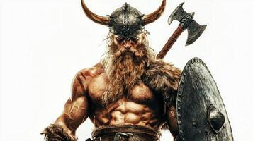 striking representation of Tyr the Norse god of war showcasing his powerful physique adorned with Viking armor an axe in hand and a shield symbolizing strength and valor. photo