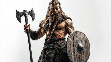 powerful figure embodies Tyr the god of war showcasing strength and bravery. He holds an axe and shield representing his warrior spirit in Scandinavian mythology. photo