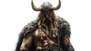 striking representation highlights Tyr the Scandinavian god of war adorned in traditional warrior attire. His muscular frame decorated with armor and fur embodies valor and strength. photo