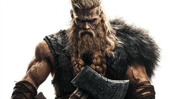 Tyr depicted as a powerful and muscular figure stands with an axe exuding strength and bravery. His long hair and beard reflect his formidable warrior persona. photo