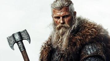 powerful representation Tyr the Norse god of war captures his intense gaze and robust demeanor dressed in traditional battle garments that reflect his warrior heritage. photo