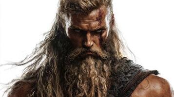 striking representation Tyr Scandinavian god of war features him with powerful stance intense gaze and distinctive long hair and beard embodying strength and resilience. photo