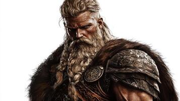 Tyr the Scandinavian god of war depicted with fierce expression and long braided hair wearing detailed armor and a fur cloak showcasing his powerful presence. photo