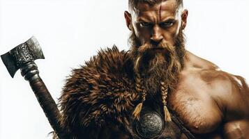 powerful figure Tyr god of war depicted with fierce expression and battle axe in hand wearing a fur cloak and armor embodying strength and bravery. photo