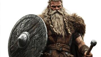 mighty god Tyr stands confidently embodying the spirit of war and justice adorned armor with distinctive shield and a fierce expression evoking Norse mythology. photo