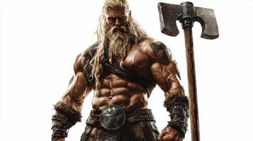 Tyr exudes strength and bravery equipped with a formidable axe showcasing his role as the god of war in Scandinavian mythology. His muscular build is accentuated against a bright white background. photo