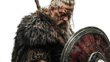 Tyr the Scandinavian god of war stands prominently sporting a fierce expression traditional armor and a shield. His detailed appearance highlights his warrior essence. photo