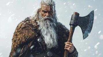 Tyr the Scandinavian deity associated with war and justice is depicted wielding axe showcasing his fierce demeanor against a snowy landscape conveying power and bravery. photo