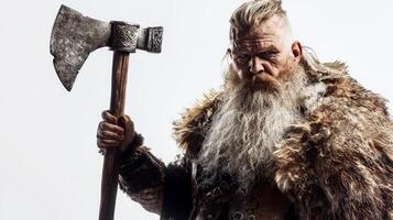 Tyr Scandinavian god of war is depicted with commanding presence featuring long hair a majestic beard and a large axe wearing traditional fur attire. photo