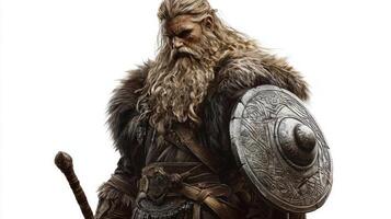 The mighty god Tyr in all his glory adorned with armor and a shield. His fierce expression and powerful stance embody the essence of Norse mythology and heroism. photo