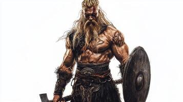 Tyr the Norse god war portrayed with a muscular build long hair and a fierce expression wielding his sword and shield embodying strength and valor. photo