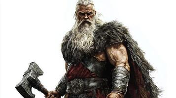 Tyr the god of war in Norse mythology highlighting his muscular build fierce expression and iconic weaponry reflecting ancient Scandinavian warrior tradition. photo
