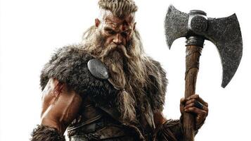 Tyr the Norse god of war and justice is depicted with a fierce expression and traditional warrior attire. His impressive axe reflects his formidable presence within Scandinavian lore. photo