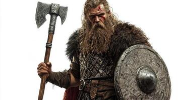 Tyr the Scandinavian god known for his courage and warfare grips a heavy axe and shield symbolizing his fierce dedication to battle and justice. photo