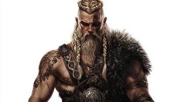 The Scandinavian god Tyr is presented in a powerful stance emphasizing his warrior spirit with a detailed outfit featuring fur and braids highlighting his fierce nature. photo