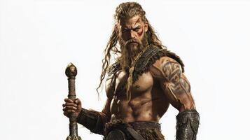 Tyr stands confidently showcasing his muscular physique and detailed armor. His fierce expression and strong presence embody the essence of Scandinavian mythology and valor. photo