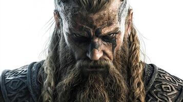 fierce Scandinavian god Tyr portrayed with a commanding presence showcasing his detailed armor and striking facial features emphasizing his warrior spirit. photo