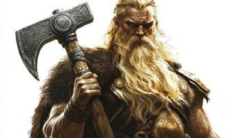 Tyr Scandinavian god of war and justice with a fierce expression. He wields a massive axe symbolizing his role as a protector and warrior among the gods. photo