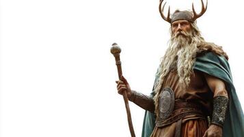 Ullr the Norse god associated with winter and hunting is depicted with antlers and a majestic staff. His presence conveys strength and wisdom amidst a minimalist backdrop. photo
