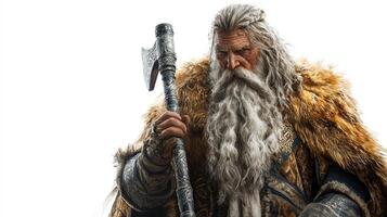 portrayal captures Ullr the Scandinavian god associated with winter and hunting wielding an axe embodying strength and wisdom in a detailed manner. photo