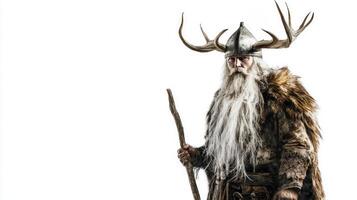 Ullr a Viking god associated with winter and archery clad in fur and armor holding a staff steeped in Norse mythology. photo