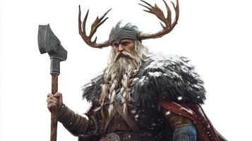 Ullr the god of winter and hunting in Scandinavian mythology stands proudly with antlers on his helmet wielding an axe. His majestic attire reflects the essence of the snowy season. photo