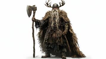 depiction captures Ullr prominent Scandinavian god known for archery and winter prowess wearing lavish fur coat and wielding an ornate axe and staff. photo