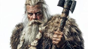 artwork features Ullr the Scandinavian god associated with archery and winter showcasing his fierce expression and traditional attire emphasizing strength and authority. photo