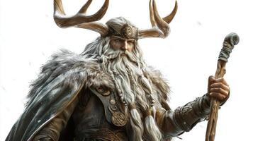 Ullr the Norse god depicted with majestic antlers and a detailed cloak embodies strength and winter. He holds a staff and exudes an aura of power and wisdom. photo